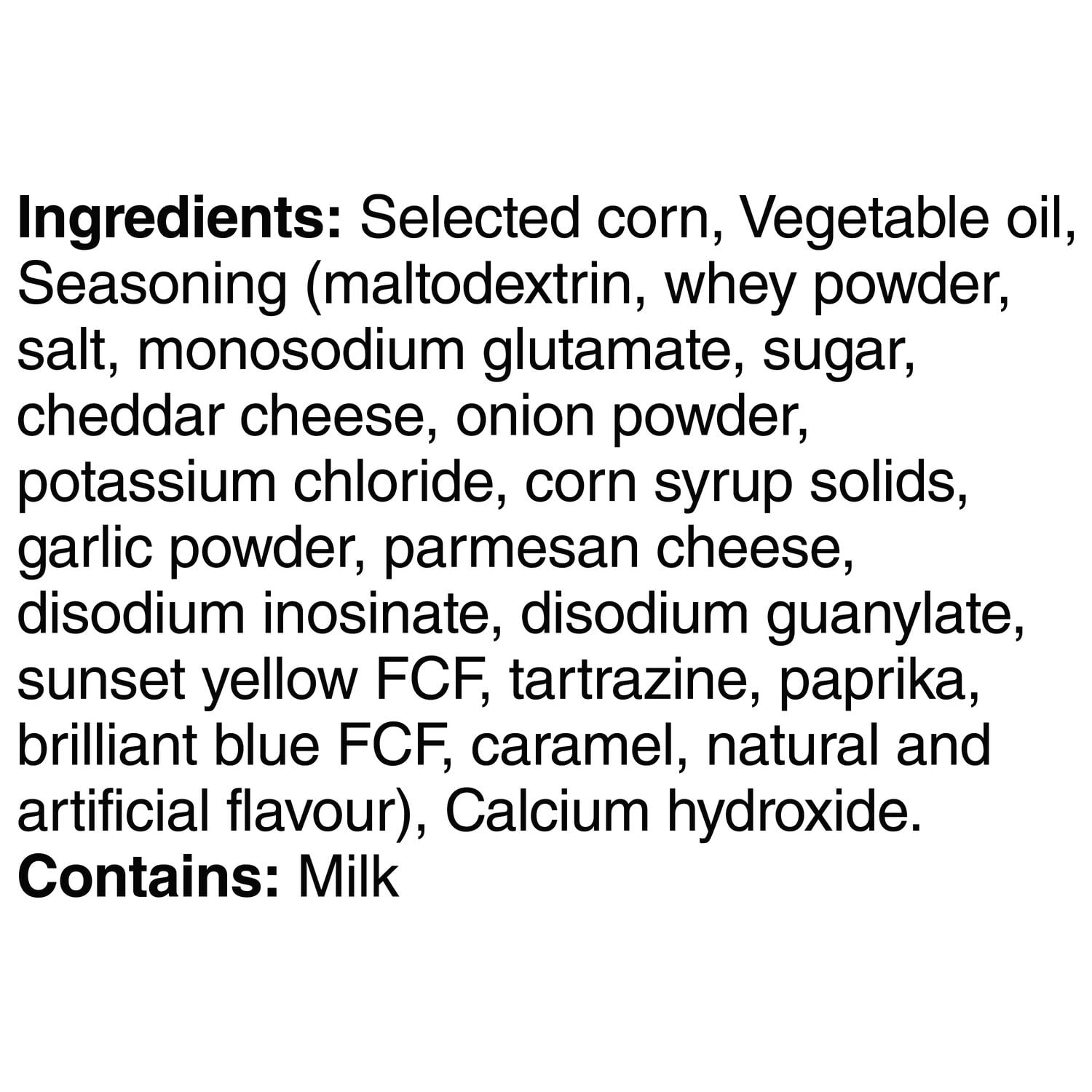 ingredients label of Doritos Zesty Cheese Tortilla Chips 235g
